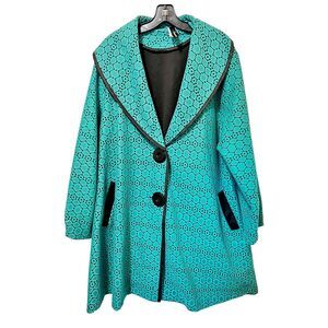 Teal Eyelet Swing Coat with Black Contrast Trim